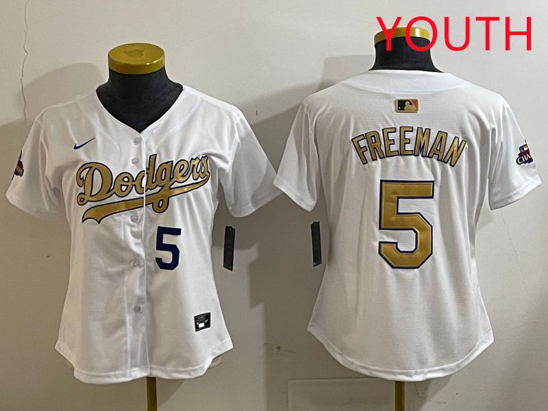 Youth Los Angeles Dodgers #5 Freeman White Champion gold character 2025 Nike MLB Jersey style 4121->youth mlb jersey->Youth Jersey